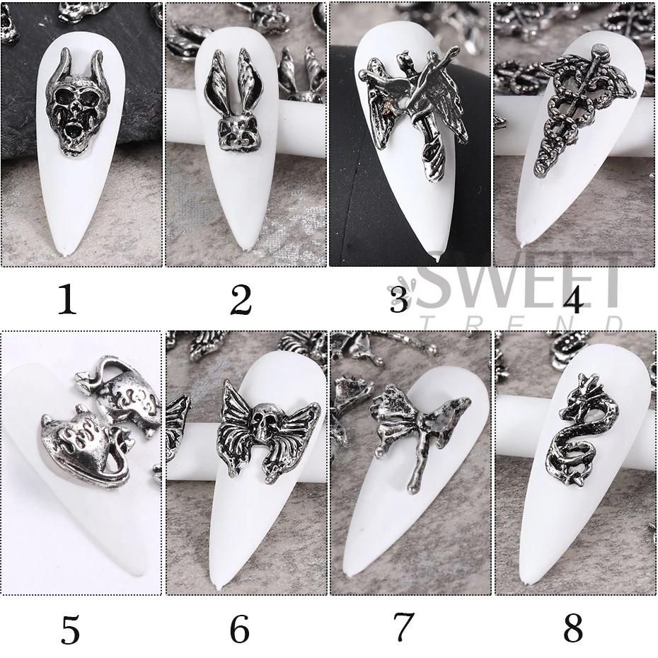 Metallic Zilveren Halloween Nagel Bedels 3d Vlinder Bunny Skull Hart Drakenslang Japanse Sieraden Nagel Onderdeel Diy Nagel Decoratie