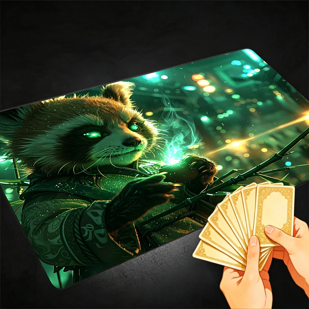 Fantasy Raccoon Master TCG Playmat Magic Playmat Gathering Gaming Mat with Stitched Edge Anti-slip base Trading Card Game