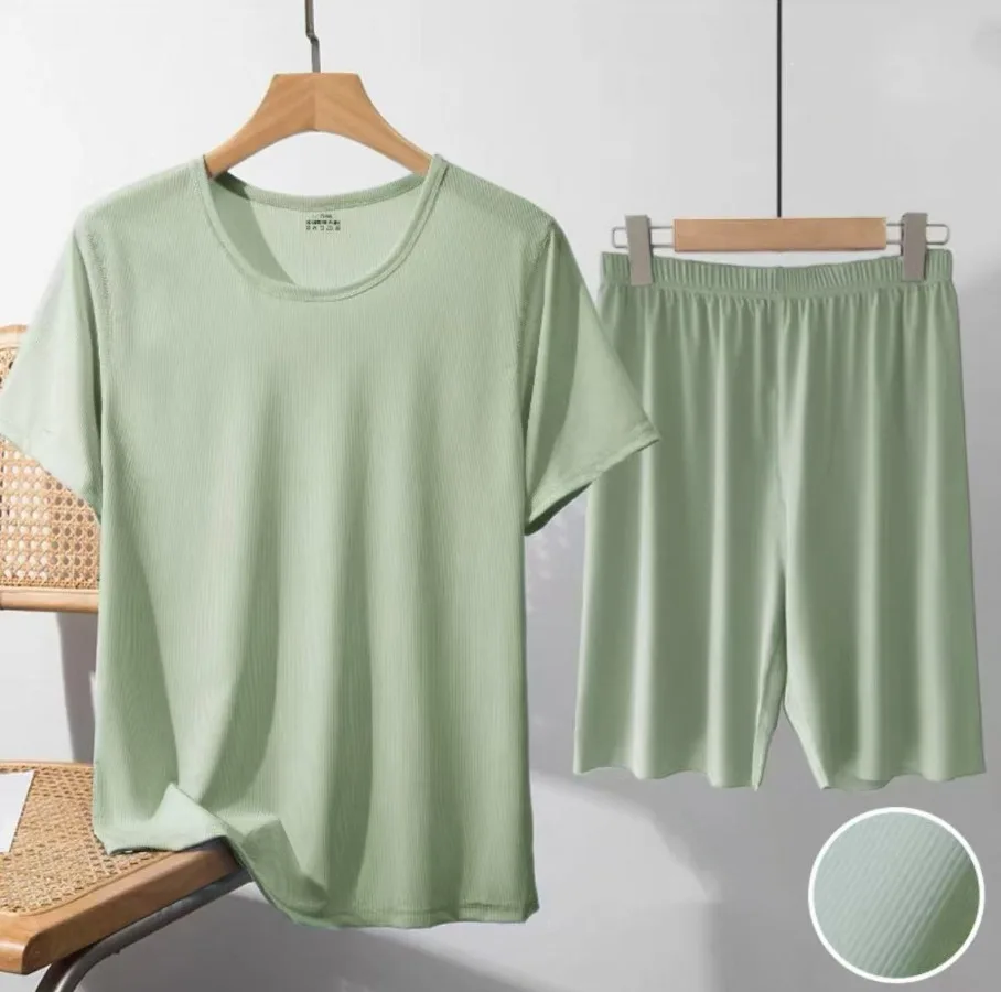 New Men's Ice Silk Pajamas Homewear Two Piece Sets Cool and Breathable Summer Sleepwear Suit Thin Short-sleeve Tops with Shorts