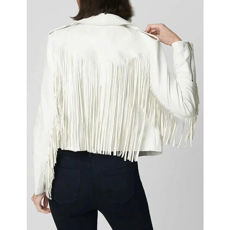 Women  Leather Jacket White Lambskin Genuine Leather Western Style Fringe Coat