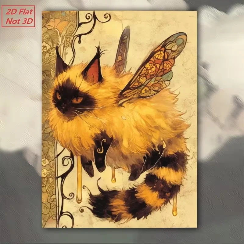 2D Flat, 1pc 1pcs Bee-Feline Hybrid - Vintage Bee Hybrid Suitable for / Decor, Honey-Dripping Wings, Unframed Canvas for,, Bedro