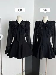 Women Black Color Court Retro Style 2 Pieces Outfit Tie Up Ruffle Design See-through Shirt+A-line High Waist Mini Pleated Skirts