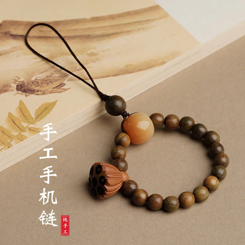Green Sandalwood Bodhi Root Twisted Ring Phone Chain Lanyard - Minimalist USB Drive Pendant Anti-loss Ornament Gift