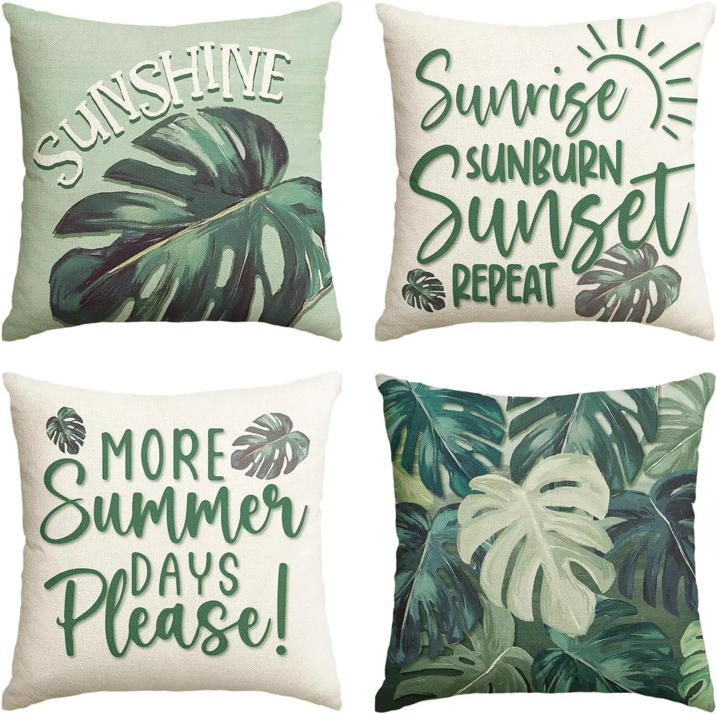 Hello Sunshine Palm Leaves Repeat Throw Pillow Covers,  Summer Days Please Holiday Seasonal Cushion Case Decorations Set of 4