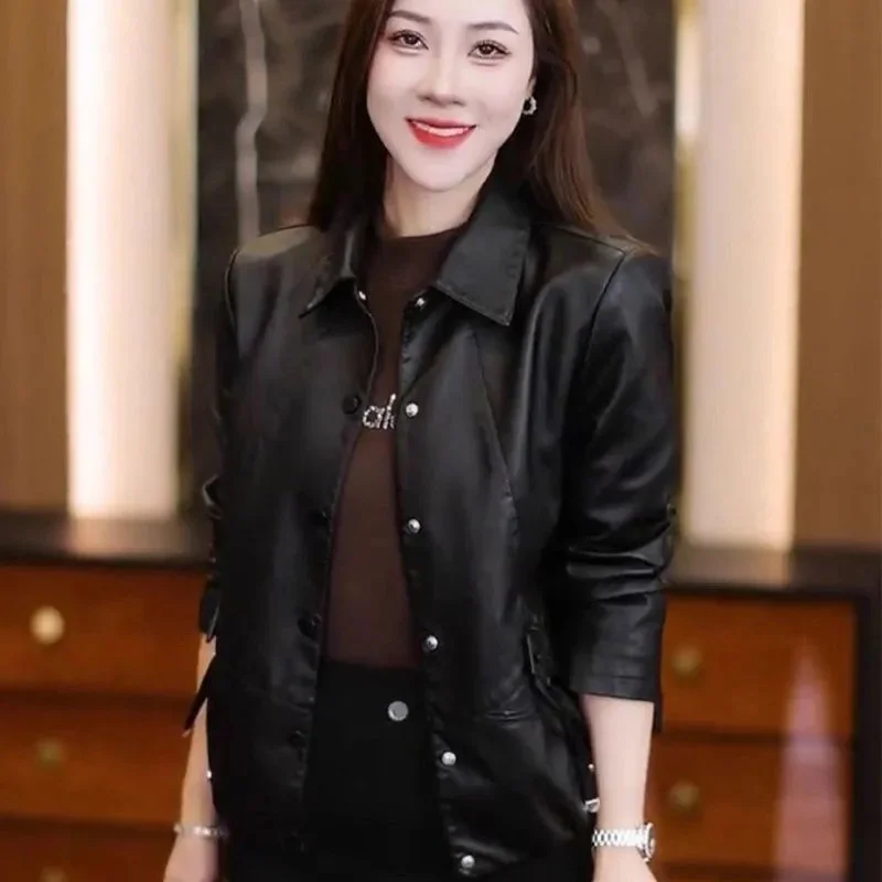 Spring Ladies Long Sleeved PU Leather Coat Autumn Female Large Size 4XL Loose Jacket Korean Women Fashion Faux Leather Outwear