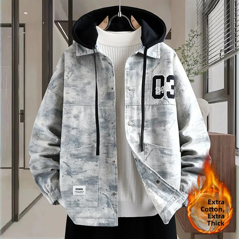 

Мужская модная повседневная утепленная теплая джинсовая куртка из хлопка, осенне-зимняя верхняя одежда, молодежная куртка с капюшоном и длинными рукавами