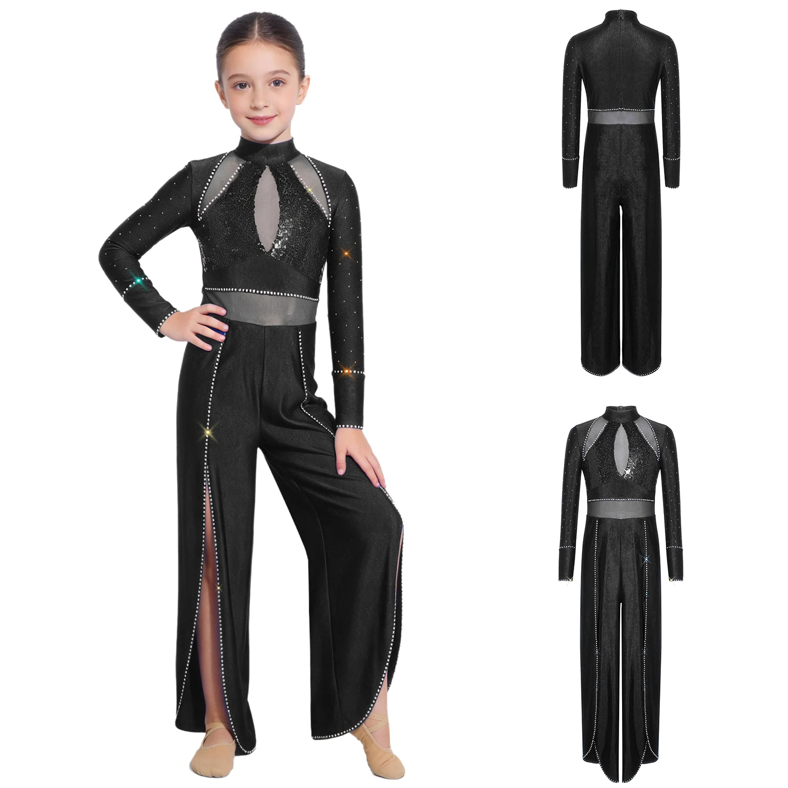 

Kids Girls Lyrical Jazz Figure Skating Costume Dance Jumpsuit Long Sleeve Sequin Split One-piece Ballroom Tango Modern Dancewear