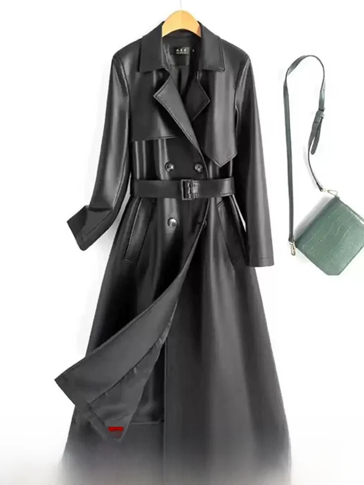 

Spring 2025 Women's Mid-Length eepskin Leather Jaet Faionable Waist-Cinching Coat Ele Commute Sle Long Sves