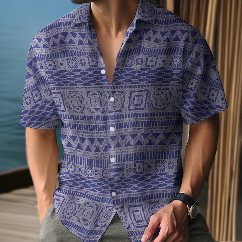 Summer Men\'s Shirt Ethnic Pattern Print Shirt Casual Short Sleeve Street Fashion Male Oversized Clothing Cardigan Hawaii Shirt