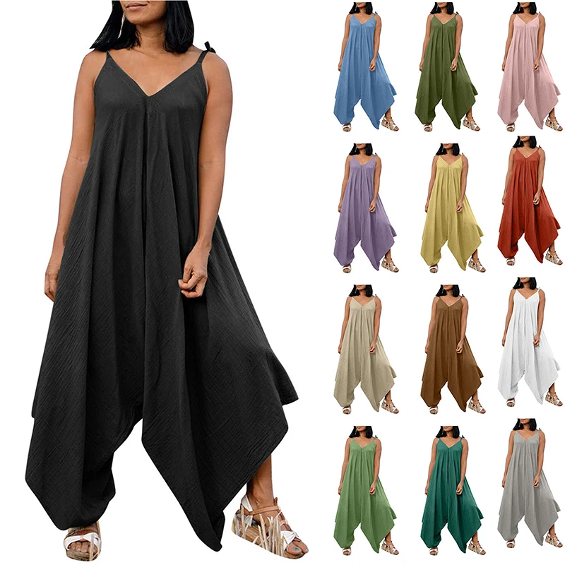 

Fashionable Elegant Women's 2023 Summer New Casual Solid Color V-Neck Lace up Sleeveless Casual Loose jumpsuit Multi Color