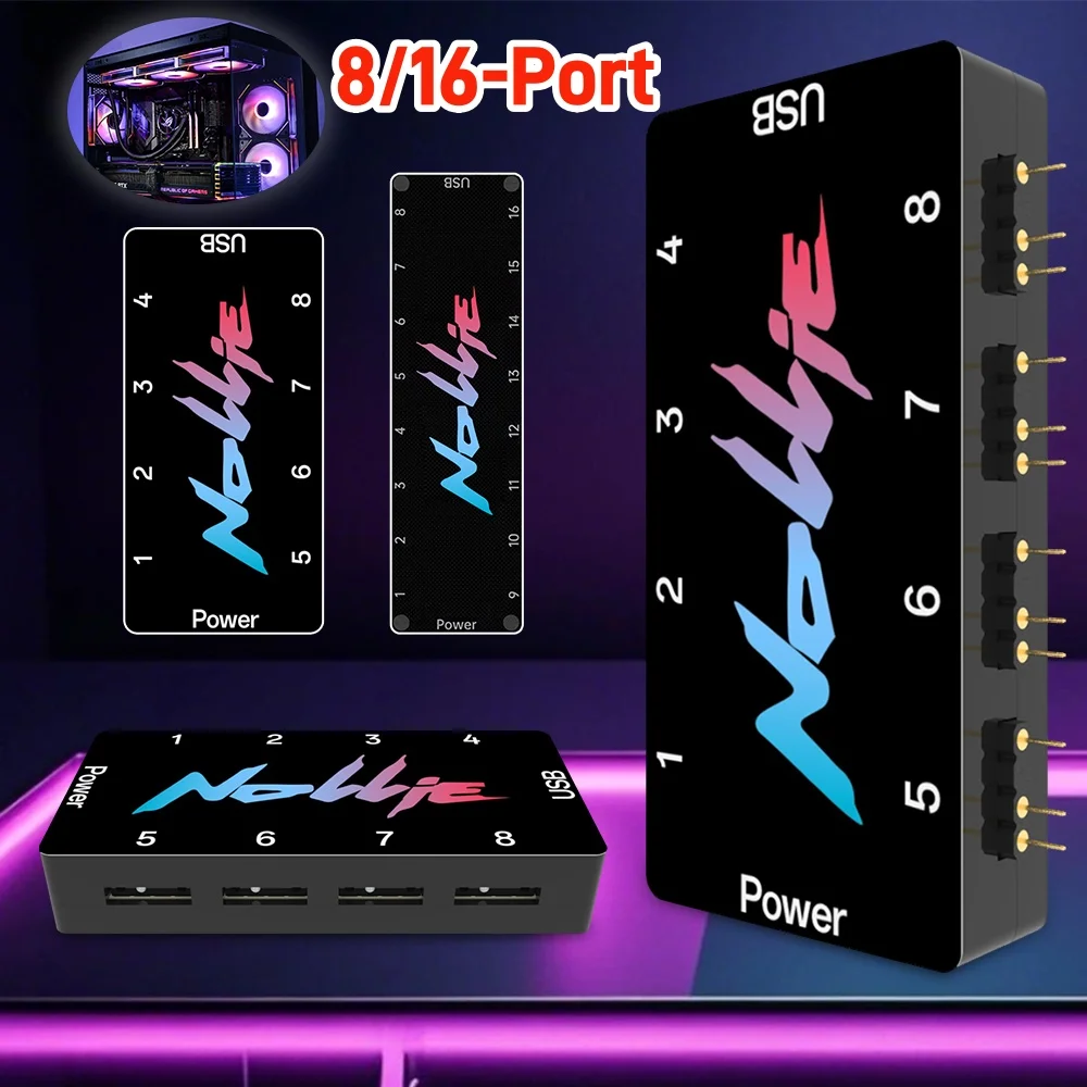 

Nollie SignalRGB 8/16-полосный адресный разветвитель ARGB Универсальный 5 В 3-контактный ARGB асинхронный контроллер HUB для компьютера, корпуса ПК, вентилятор