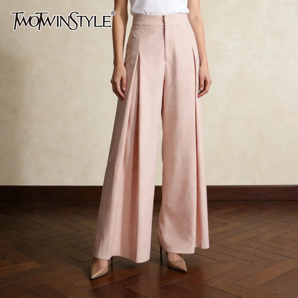 

TWOTWINSTYLE Pink Spliced Folds Chic Trousers Female High Waist Loose Commute Basics Women's Wide Leg Pants Autumn New Fashion