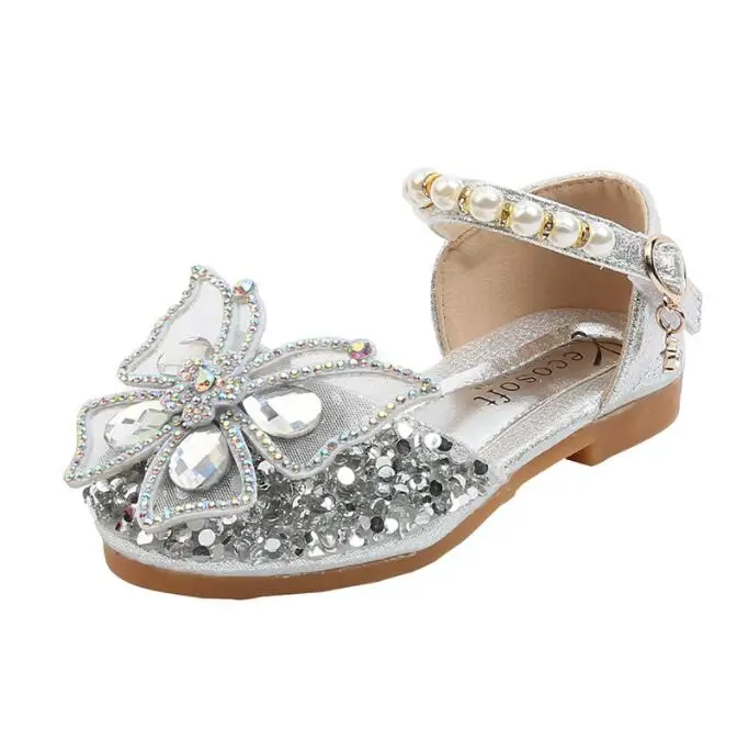 Girls Leather shoes andals Fashion Sequins Rhinestone Bow Girls Princess Shoes Baby Girl Shoes Flat Heel Sandals Large size