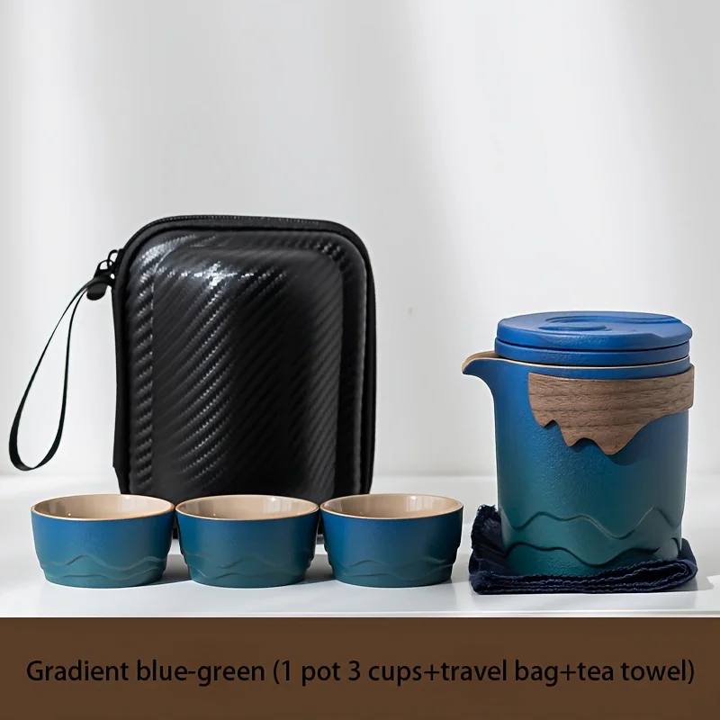 1 Set Of 6 Pcs Ceramic Travel Tea Set, Include One Pot, Three Cups, One Tea Towel And 1  Bag, Outdoor Camping Portable Tea Set,