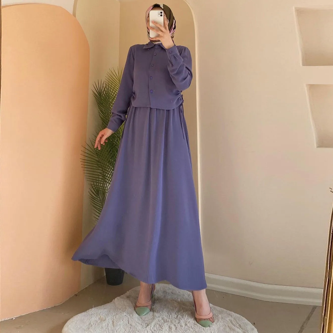 Half length skirt set Muslim Arab women's clothing 2024 new long sleeved shirt casual dress