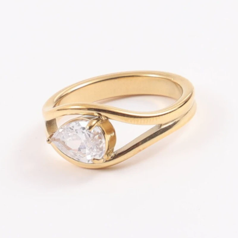 Waterdrop Shaped Clear Zircon Ring for Women Stainless Steel Ring PVD Gold Plated Jewelry