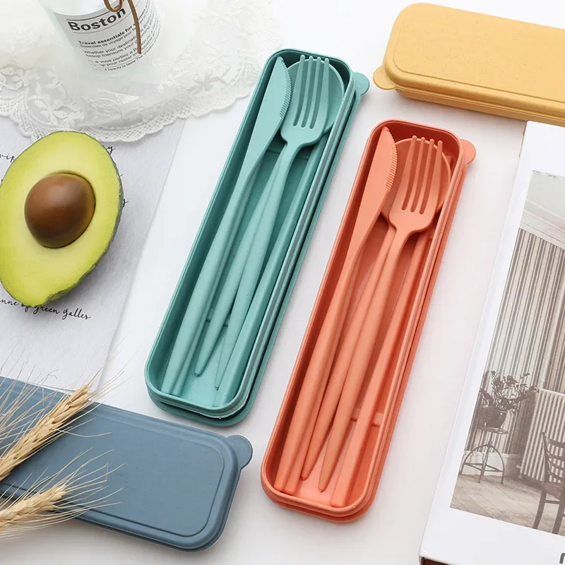 Wheat Straw Portable Tableware Picnic Set Eco Friendly Camping Cutlery With Case Fork Spoon Camping Tableware Picnic Cutlery Set