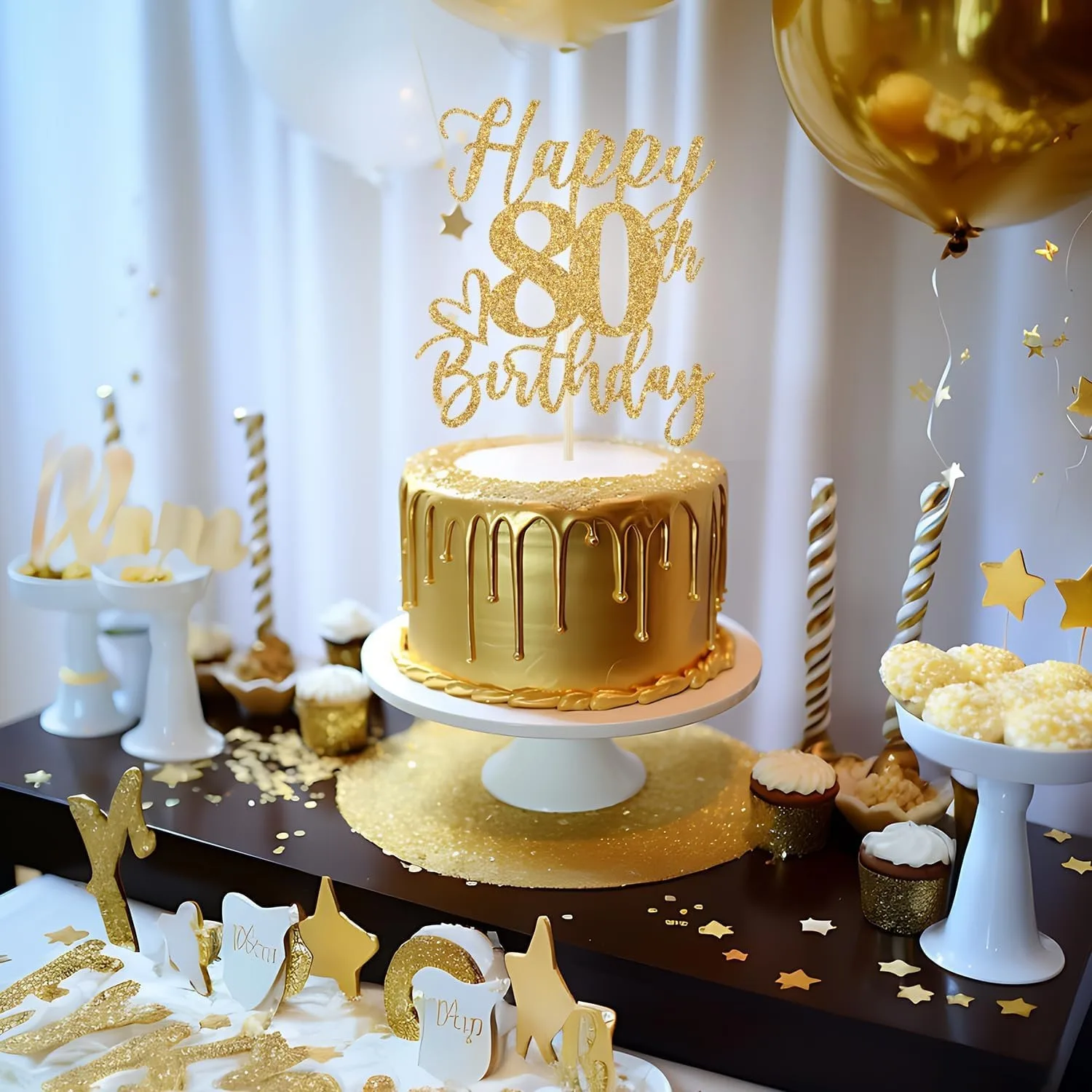 1 Stück Gold-Glitzer-Geburtstagstorten-Topper, lustige Geburtstagsparty-Dekoration (Alles Gute zum 80. Geburtstag, Gold-Glitzer) – Detail 2