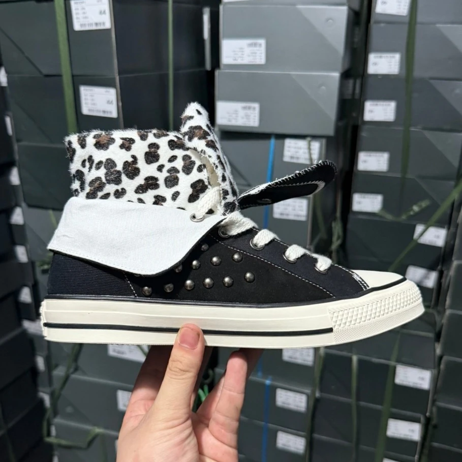 Shoes for Men Cow Leather Casual Shoes Street Trend Leopard Print Flat Skateboard Shoes Youth Cool Lace-up Sneakers