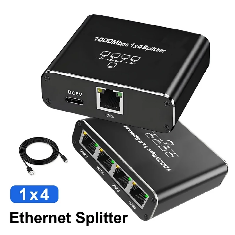1-to-4 Gigabit Ethernet Splitter with 1000Mbps, Aluminum Housing, Indicator Lights and USB-C Power for Laptop Desktop Home