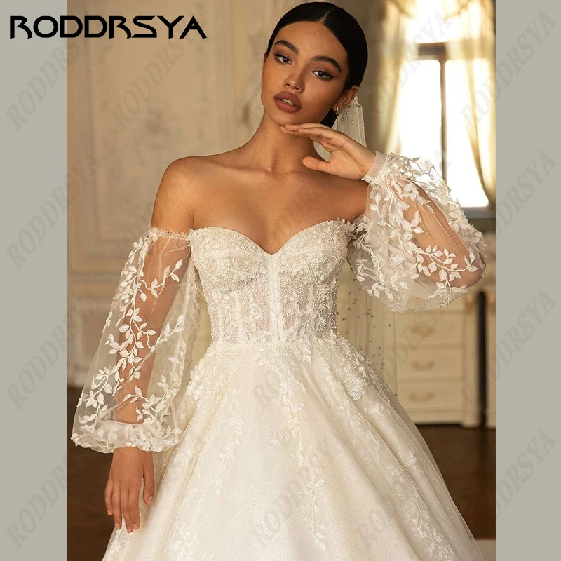 RODDRSYA Strapless Princess Wedding Dress Romantic Tulle Backless Bridal GownBride Party A-Line Long Sleeve Vestido De Noiva