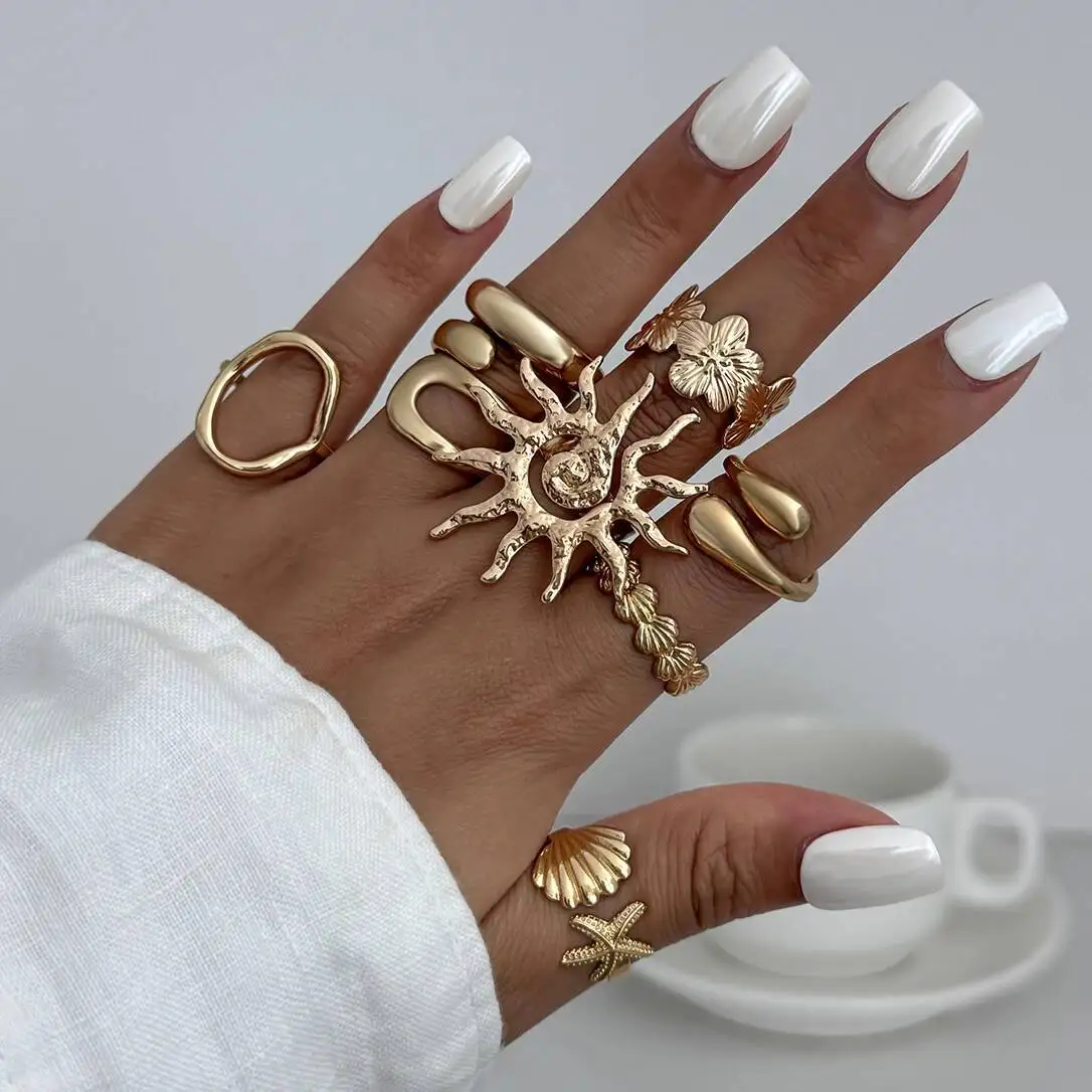 

8Pcs/Set Boho Flower Scallop Open Rings for Women Summer Vintage Starfish Adjustable Knuckle Joint Rings Couple Jewelry