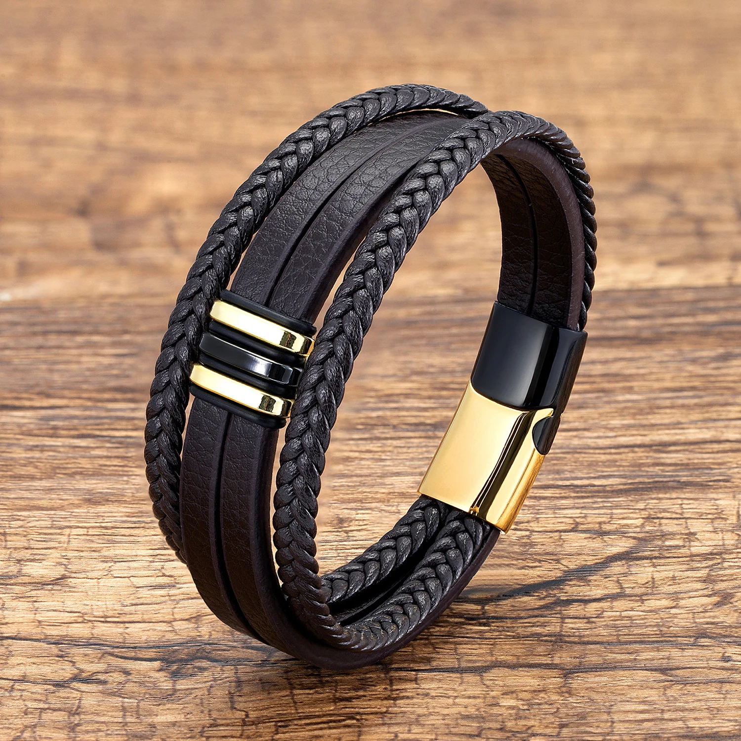 Multilayer Brown Hand Weaving Leather Bracelets Men Women Stainless Steel Accessories Beads Bracelet Classic Jewelry