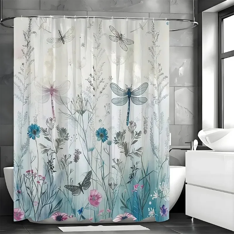 Blue Floral Plant Dragonfly Shower Curtain, Bathroom Decorative Shower Curtain, Waterproof Shower Curtain with Hooks