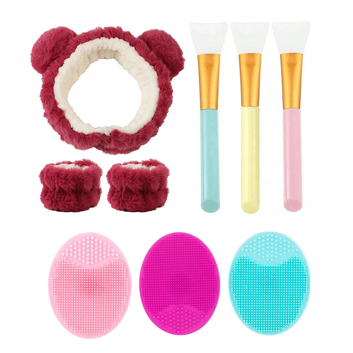 9Pcs Set Wash Face Tools Coral Fleece Headband Wrists Silicone Face Brushes Beauty Tools For Women