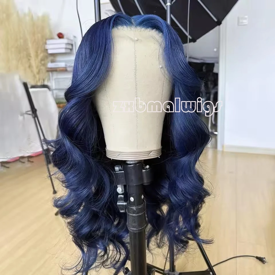 

Синтетические волосы 13X4 Темно-синие свободные волнистые парики шнурка для женщин Бесклеевой парик фронта шнурка Детские волосы Волнистые волокна Повседневная одежда