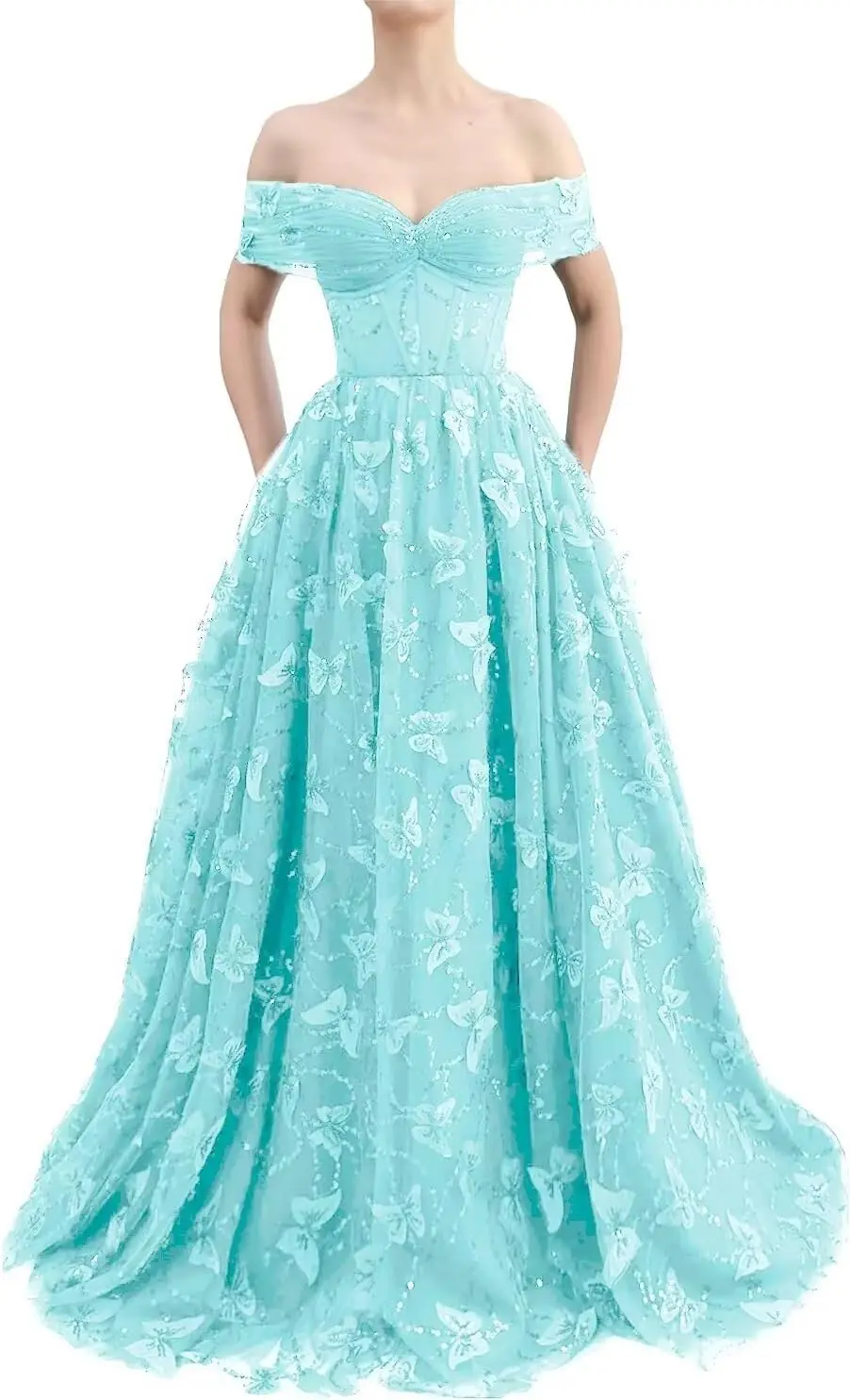 

Sparkly Off Shoulder Tulle Prom Dresses with Butterfly Appliques Long A Line Formal Evening Party Gowns for Women Party Dress