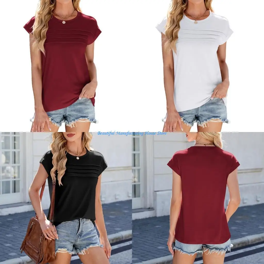 

E56A Women's short-sleeved top, basic pleated casual loose T-shirt