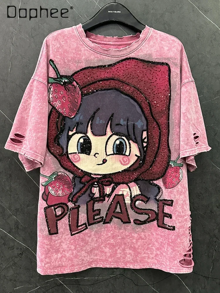 Hole Design Cartoon Strawberry Little Girl Sweet Loose Short-sleeved T-shirt Women's Mid Length Half-sleeved Round Neck Top