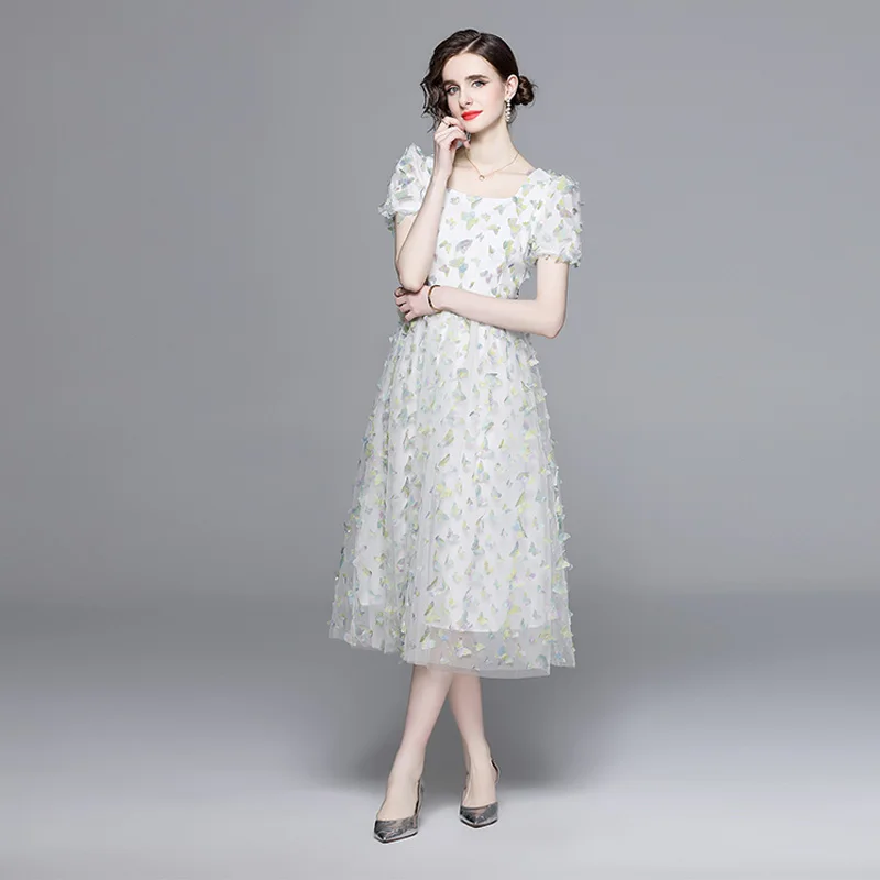 E Vestido de Malla con Mariposas 3D de Ensueño, Cuello Cuad, Estilo de Princesa de Cuento de Hadas, Falda Larga co...