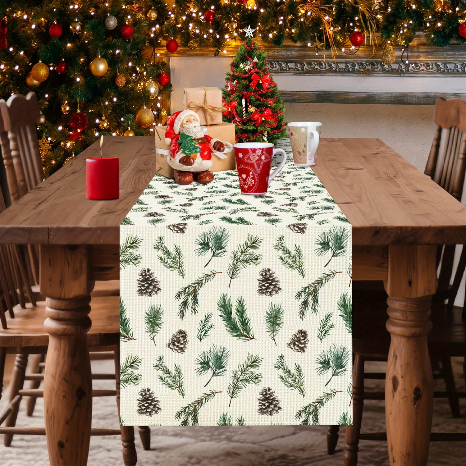 Christmas Pine Branches Pine Cone Linen Table Runner Party Decor Reusable Kitchen Dining Table Runner Christmas Decorations