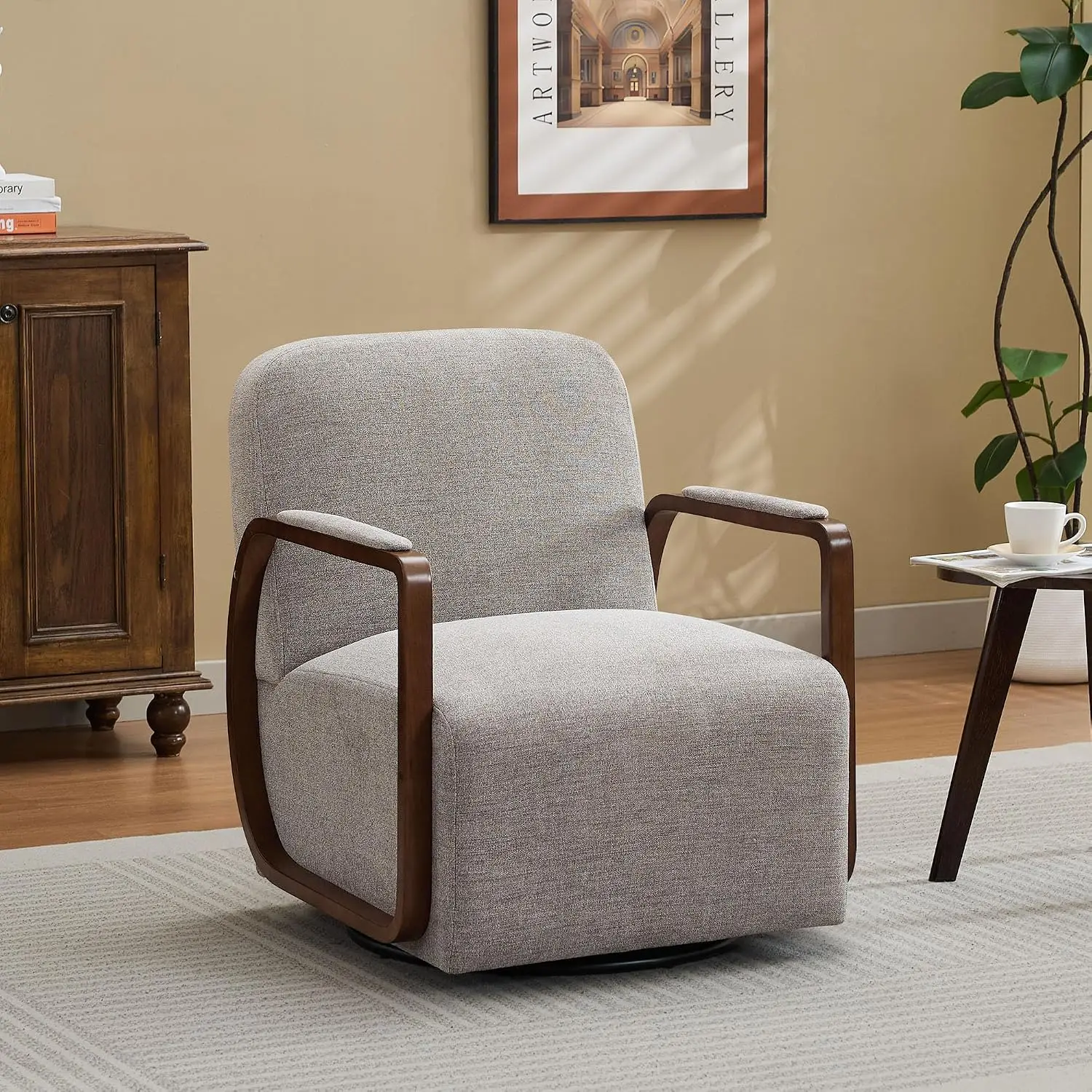 Swivel Accent Chair 360° Rotating Metal Base Wooden Armrest Living Room Bedroom 32
