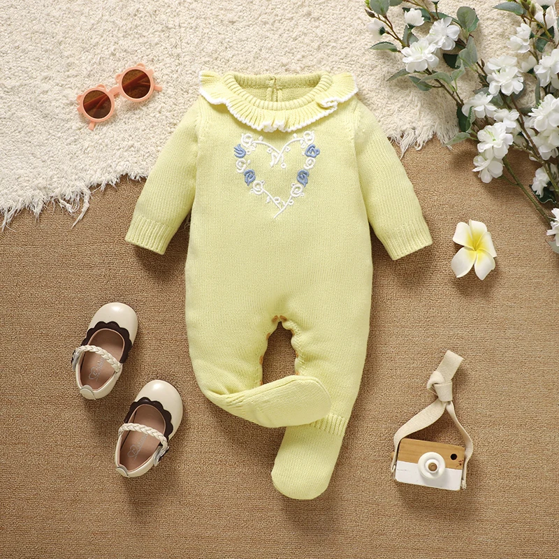 

Infant Baby Romper Knit Newborn Girl Jumpsuit Long Sleeve Fashion Ruffles Kid Clothes Embroidered Flowers Overalls 0-9M Playsuit