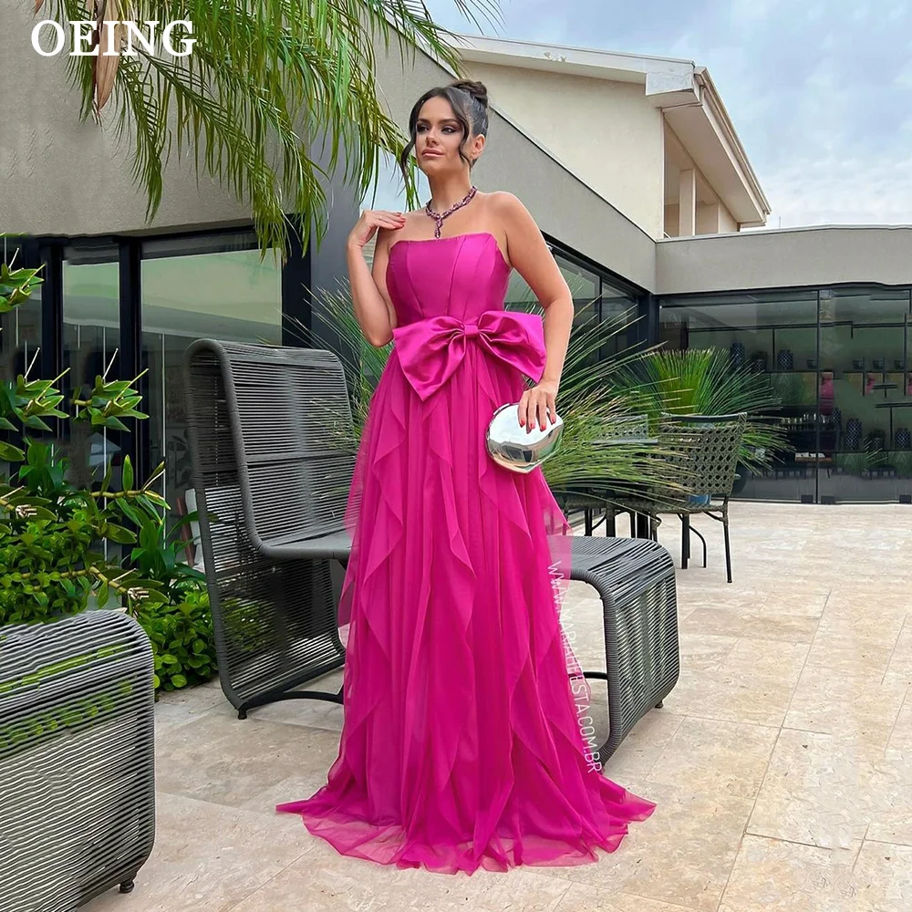 

OEING Fucsia A-line Party Gown Fairy Strapless Tulle Ruffle Tiered Women Floor Length Prom Dresses With A Bow Vestidos De Fiesta