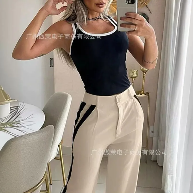 

Stylish Temperament 2024 Spring Summer New Women's Clothing Casual Contrast Color Vest Pants Two-Piece Set Independent Design