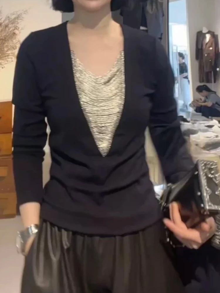 Maglia a Maniche Lunghe Slim Fit con Scollo a V per Donna, Strato Base Versatile e alla Moda, Nuovo Arrivo Autunnale Traspirante in Stile Coreano