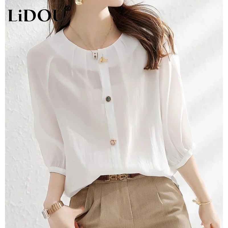 

Summer New Fashion Solid Color Temperament Shirt Women Round Neck Three Quarter Single Breasted Blouse Loose Casual Elegant Tops