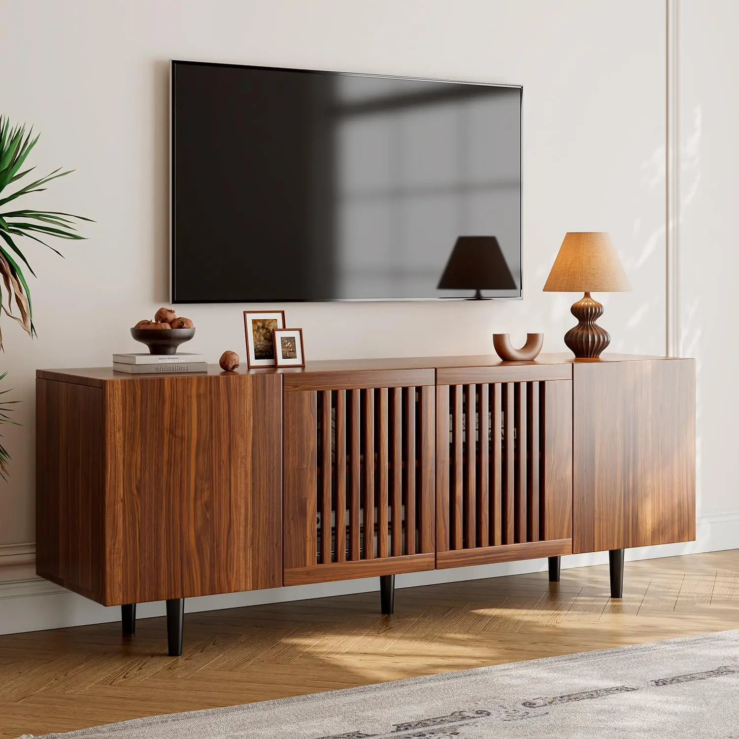 

Boho TV Stand for 55-65 Inch TV, 4 Doors, Entertainment Center with Adjustable Shelf, TV Console with 4 Cabinets, Media Console