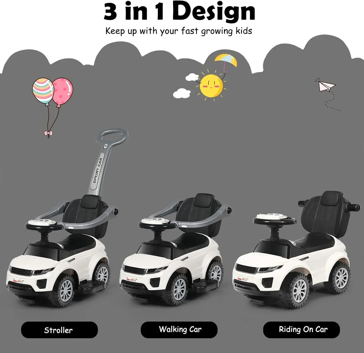 3 in 1 Ride on Push Car, Stroller Sliding Walking Car with Horn, Music, Light, Under Seat Storage, Parental Handle, Armrest Guar
