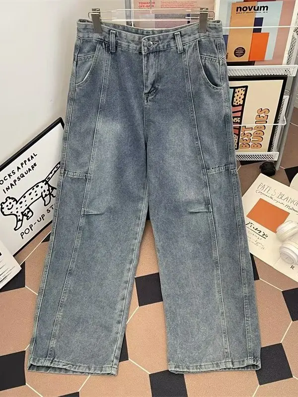 

American High Street Vibe Men's Retro Waed Denim Pants Tapered Loose Leg Casual Straight Leg High Waist Long Pants