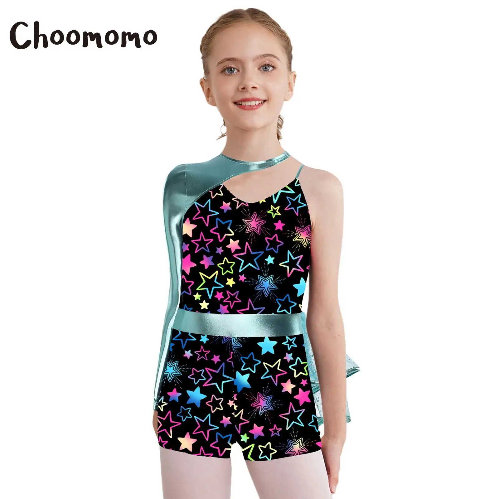 

Girls Ballet Dance Gymnastics Leotard One Shoulder Single Long Sleeve Sequins Mesh Athletic Bodysuit Skating Workout Jumpsuit