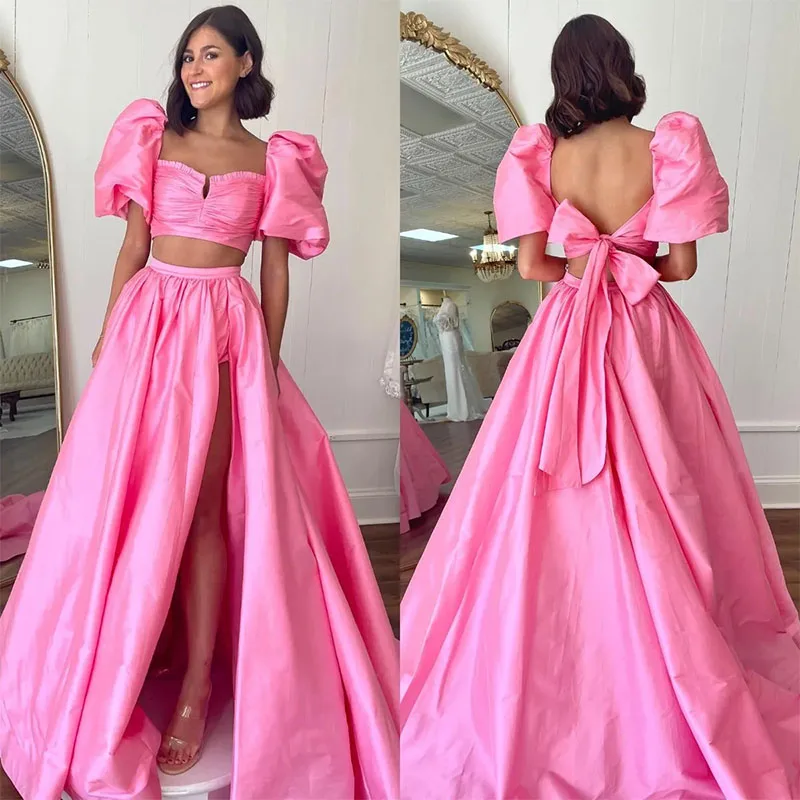 Vestido de baile rosa para mulheres, Vestidos de noite elegantes, Mangas curtas inchadas, Coxa dividida, Vestidos formais sem costas