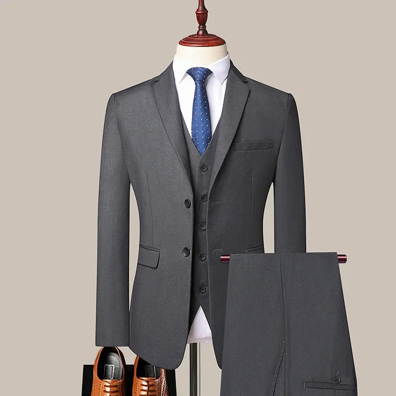 3 Piece Set Suits Men Casual Business Button Up Suit Blazer Pants Set Formal Wedding Dress Men Black Grey Three Piece Outfits