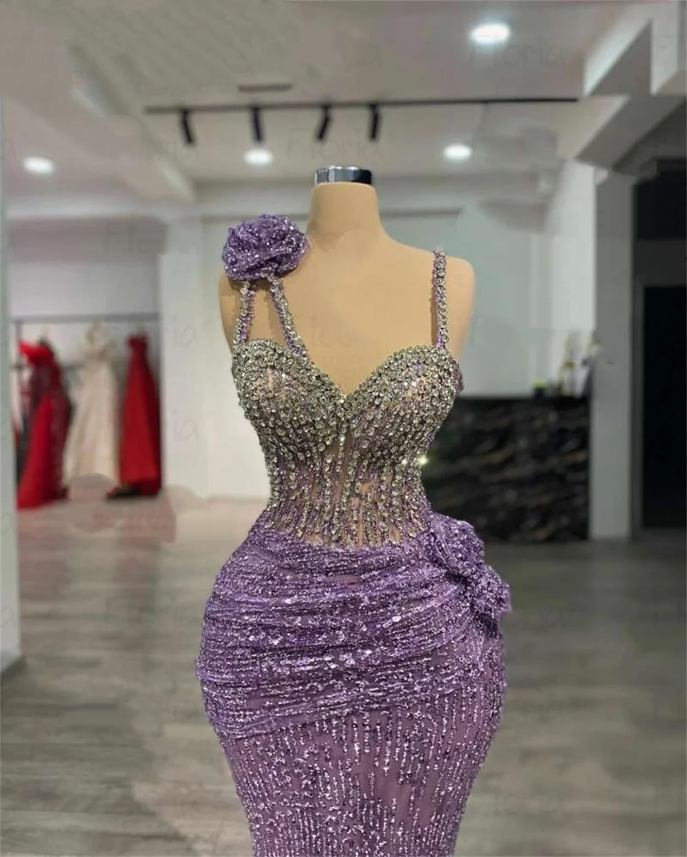 우아한 보라색 라일락 칵테일 이브닝 드레스 스팽글 스트랩 생일 파티 드레스 연인 구슬 레이스 댄스 파티 드레스 맞춤형