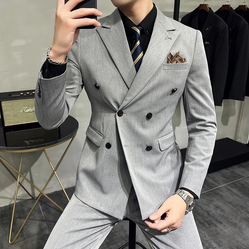 ( Blazers + Pants ) Boutique Fashion Solid Color Double-breasted Men's Casual Business Slim Suit 2-piece Set Groom Wedding Dress - view 3