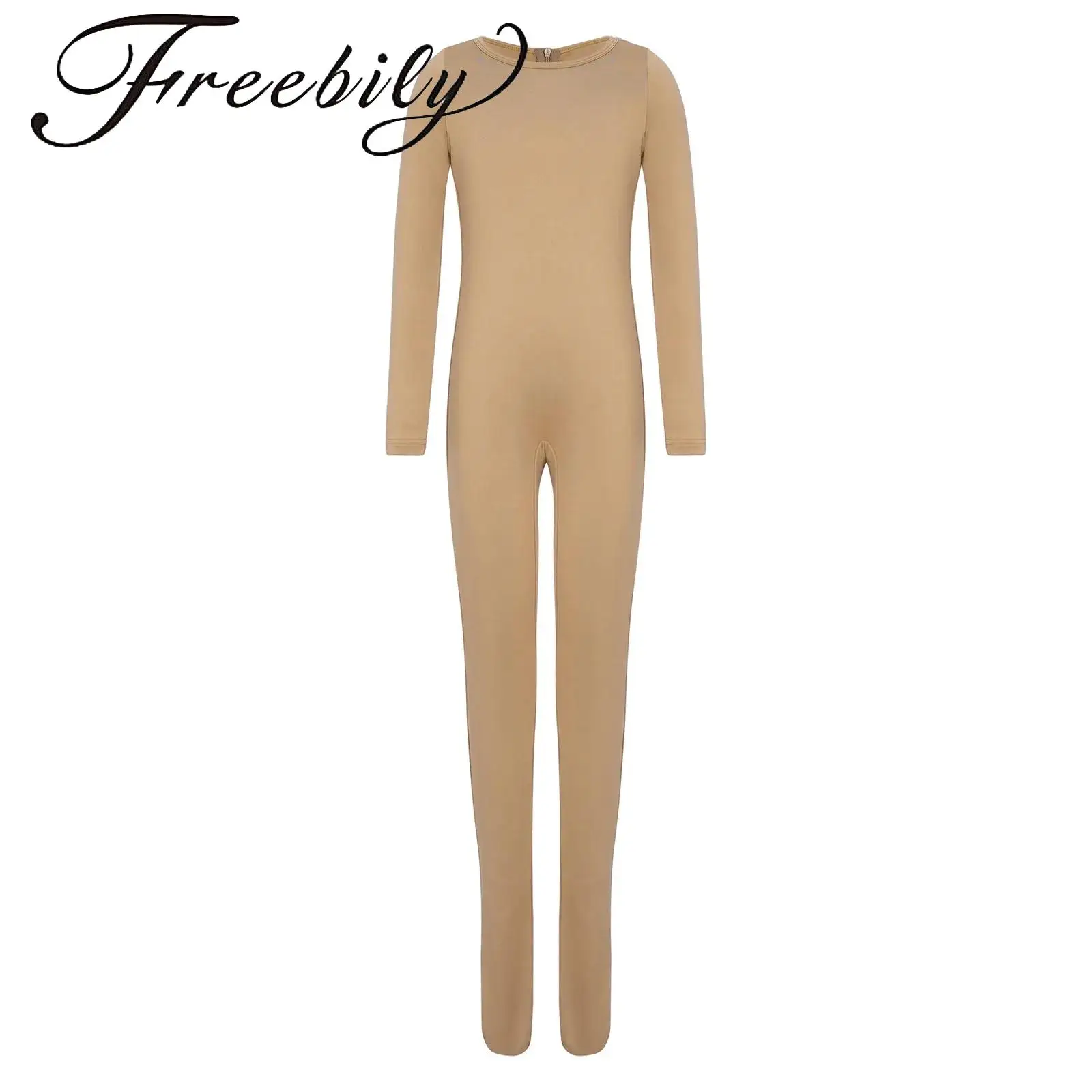 Kids Girls Gymnastics Dance Jumpsuit Footed Round Neck Long Sleeve Back Invisible Zipper Solid Color Figure Skating Bodysuit